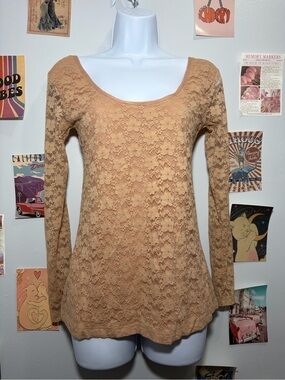 Kardashian Kollection Tan Lace Long-Sleeve Scoop Neck Top